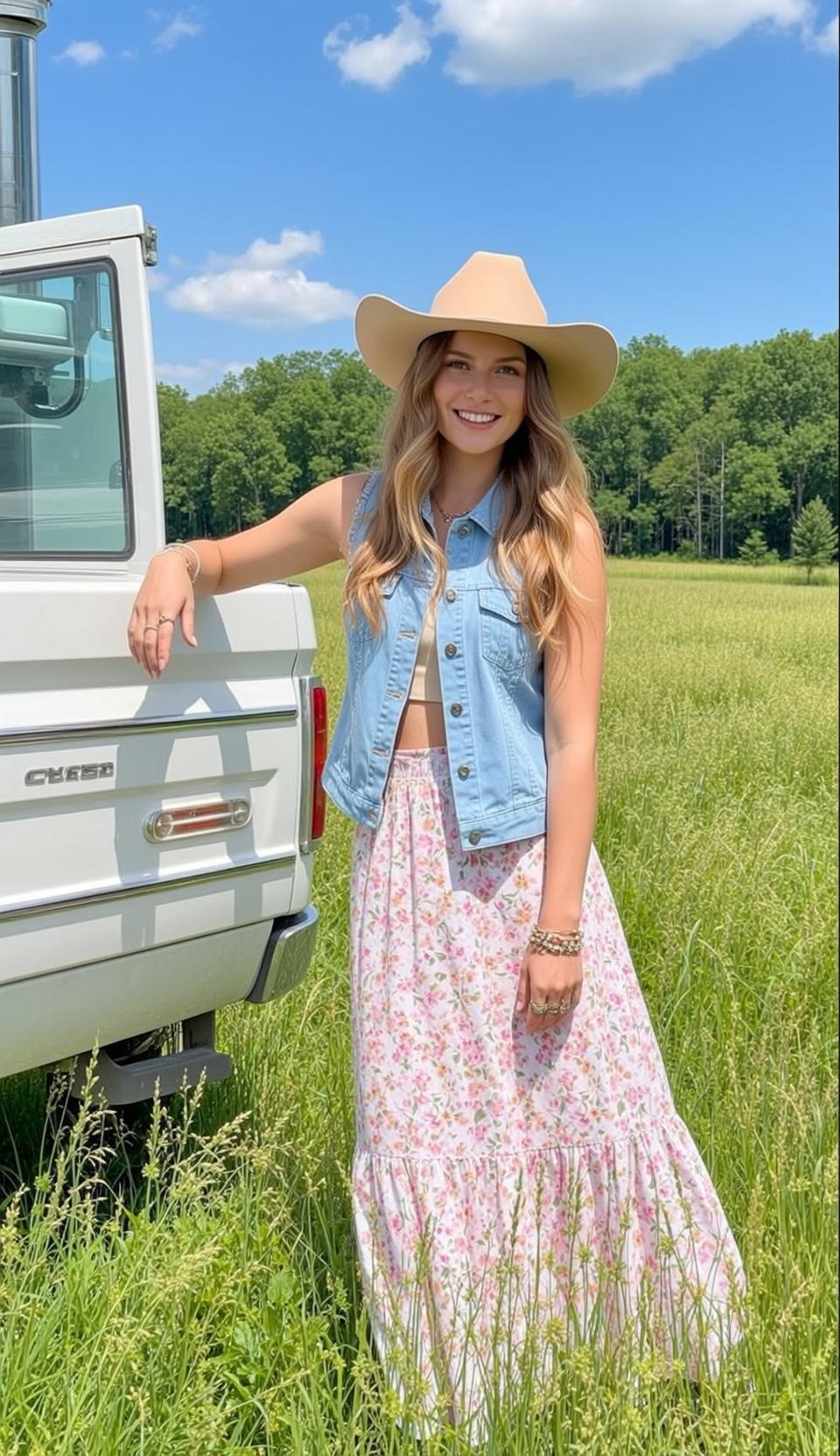 Cowgirl Stands Grassy Field Leaning Her Left