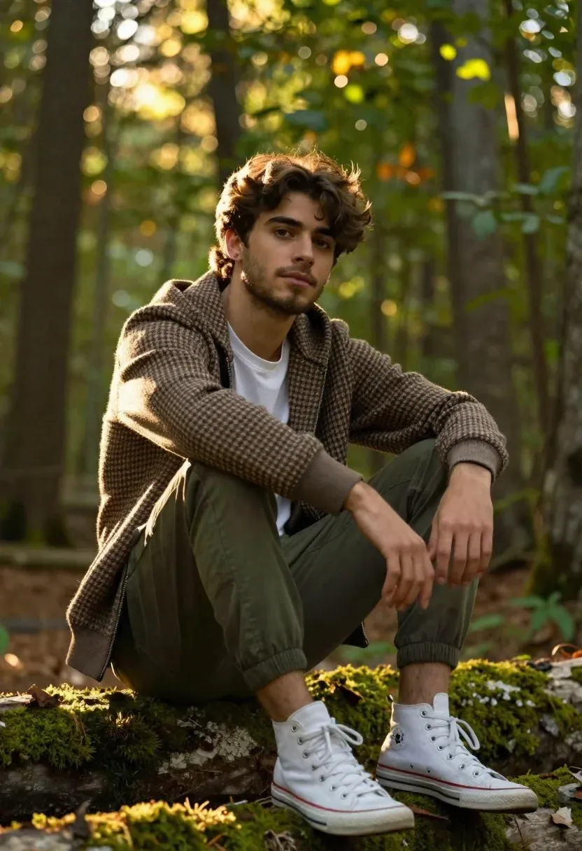 Handsome Young Man With Wavy Brown Hair Sits Casually Mossy