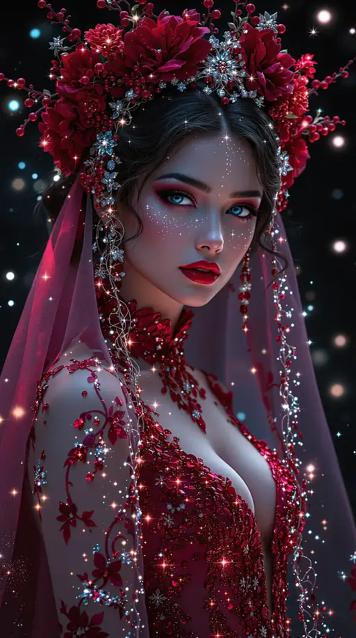 A stunning fantasy portrait of an ethereal woman in a crimson gown with floral beadwork and sparkling embellishments.