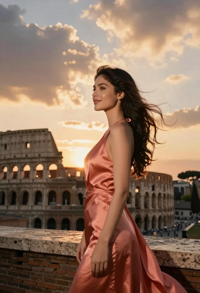 Woman Stands Profile Against Dramatic Sunset Sky With The Colosseum