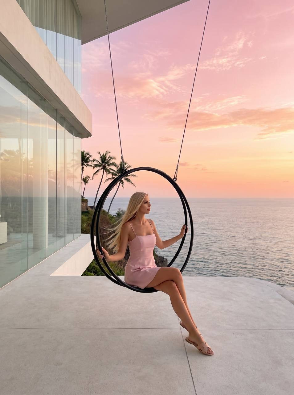 A girl in a powder sundress on a modern black swing with ocean sunset in the background.