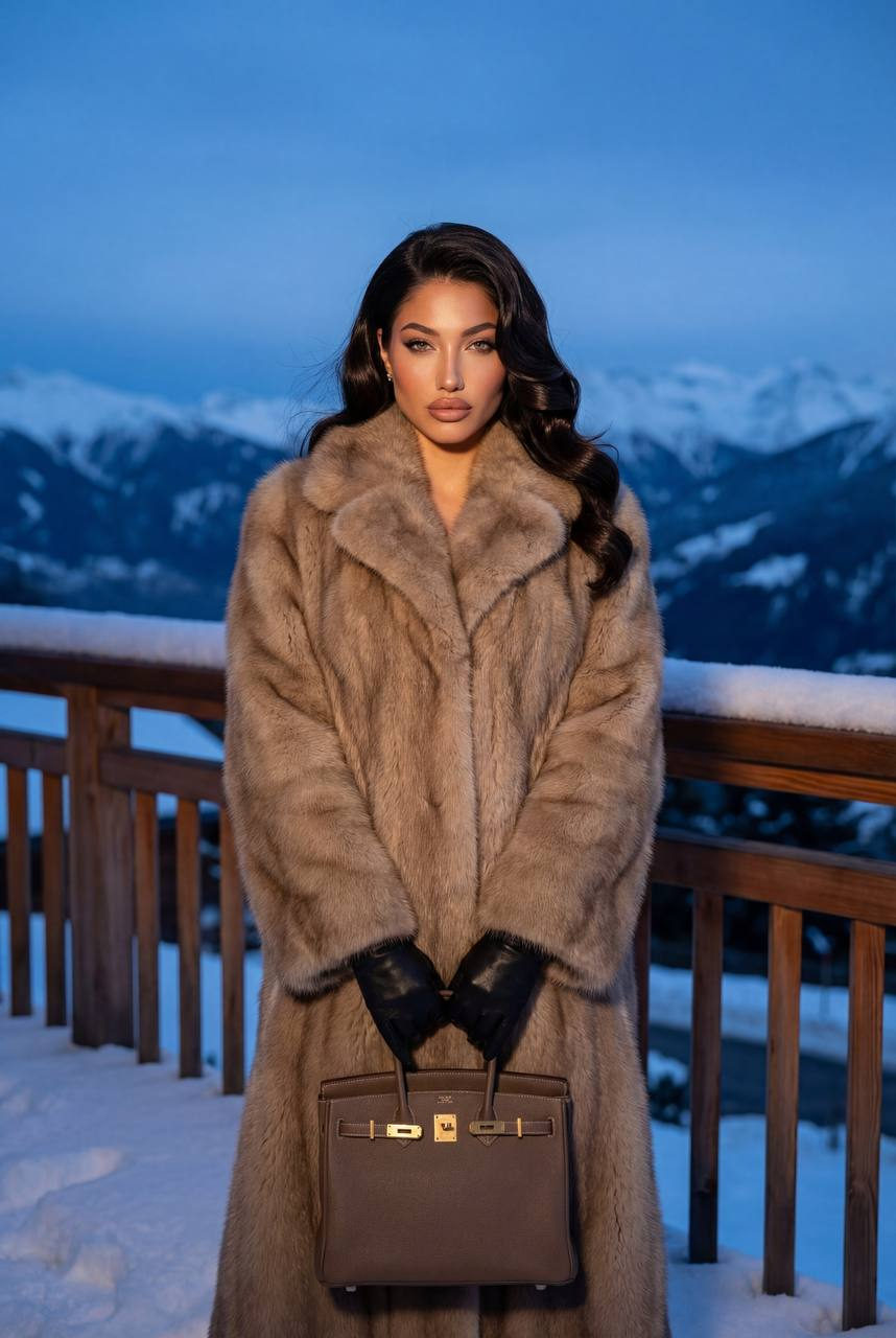 A woman in a luxurious beige fur coat standing on an alpine balcony, with a snowy mountain landscape at dusk.