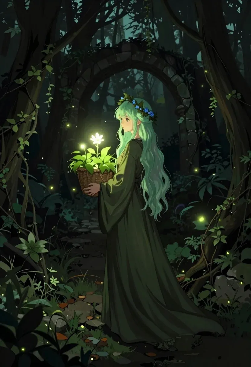 Digital Painting Young Woman With Pale Green Hair Standing Dense