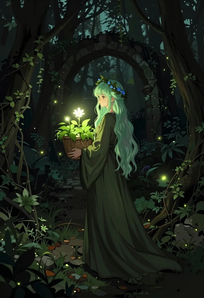 Digital Painting Young Woman With Pale Green Hair Standing Dense reference photo