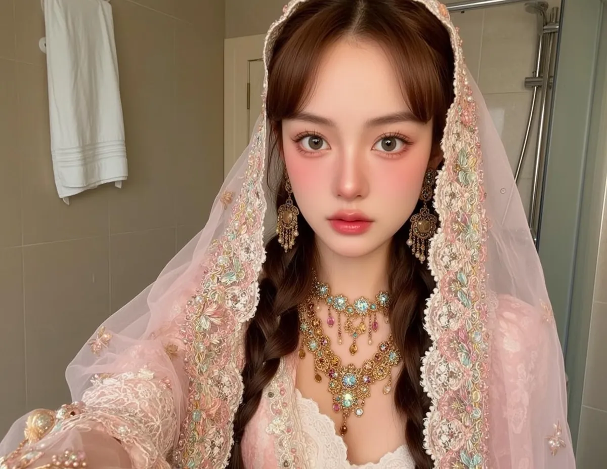 Earrings And Necklace In Bathroom Portrait