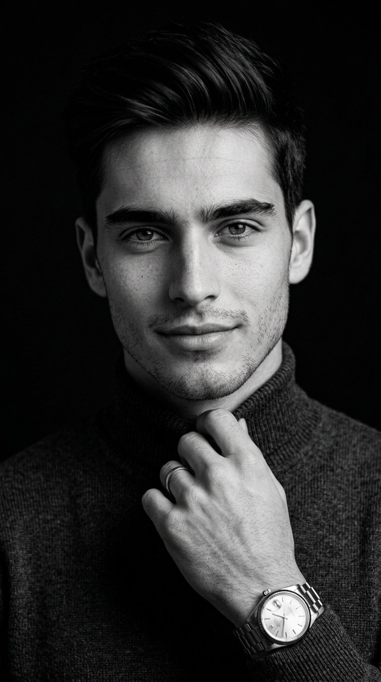 Dark Grey Sweater Studio Portrait Soft Lighting – A medium close-up, black and white studio portrait of the man in the u