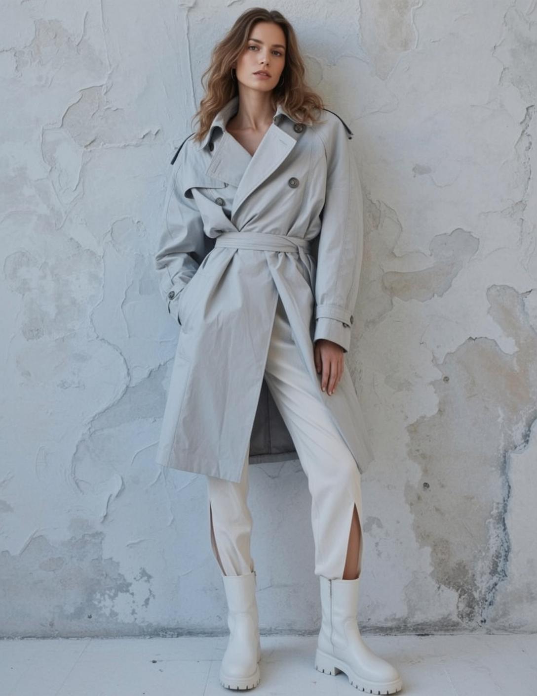 White Pants with Slits Light Grey Trench Coat