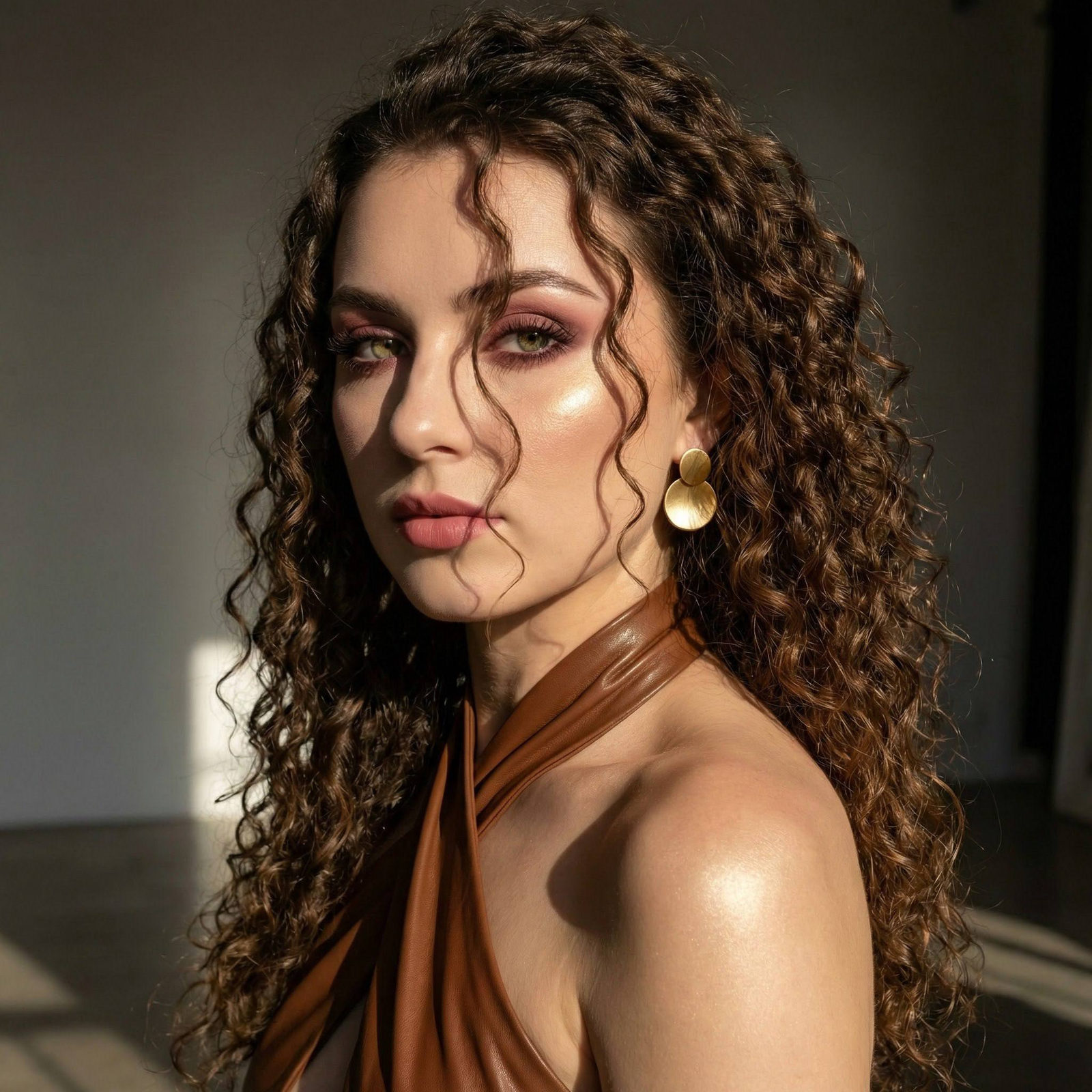 Ultra-realistic close-up of a face with expressive shadows, featuring smoky pink makeup and a glossy leather top, illuminated by dramatic lighting.