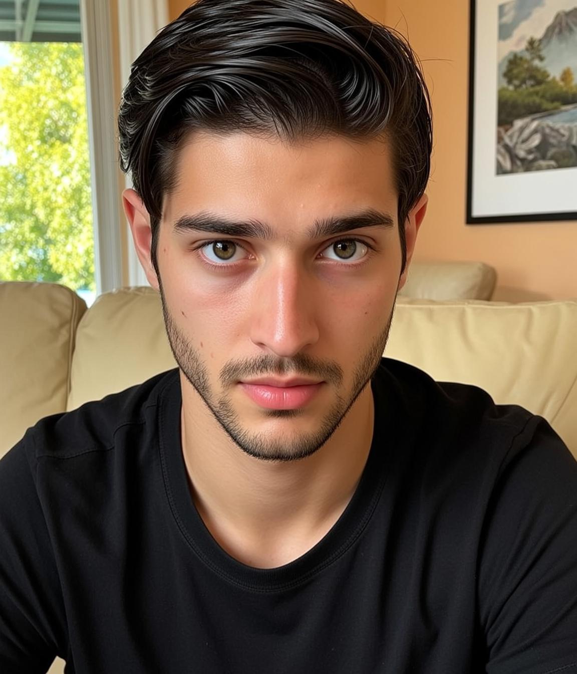 Man Black T Shirt Neutral Gaze Soft Light