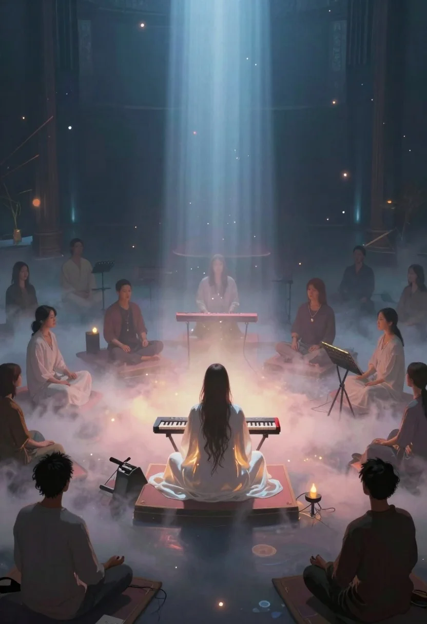 Ethereal Digital Painting Capturing Spiritual Music Performance From Elevated Perspective reference photo