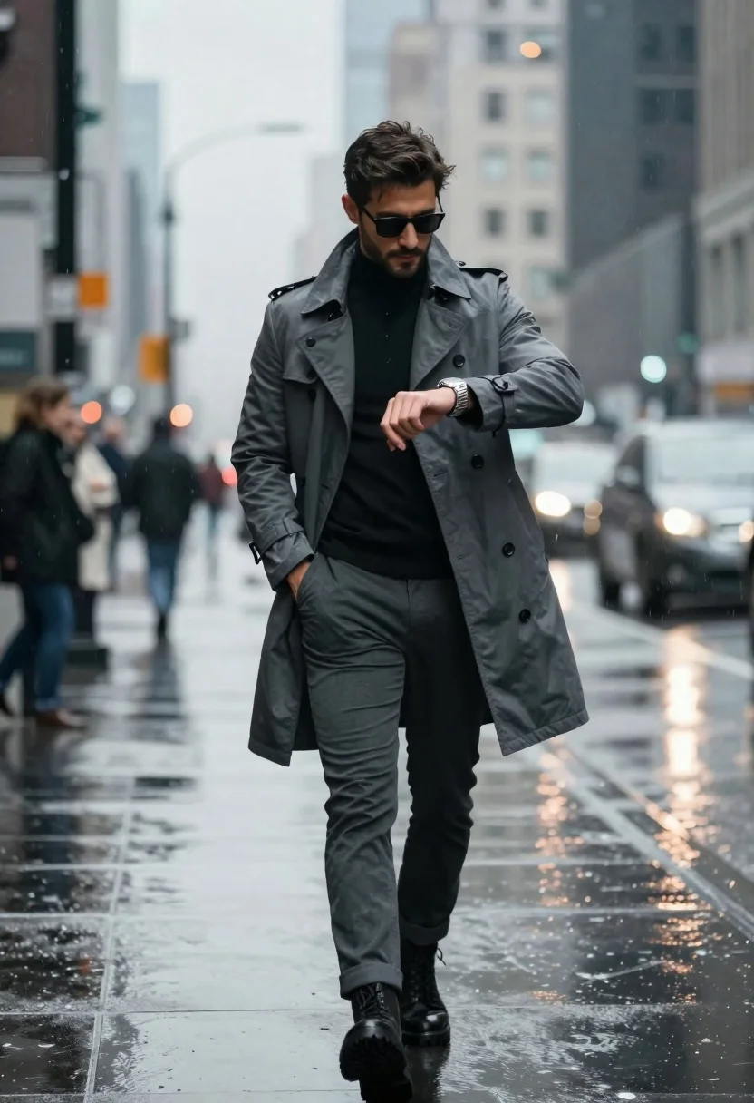 Cinematic Medium Shot Confident Man Walking Down Rainy City Street reference photo