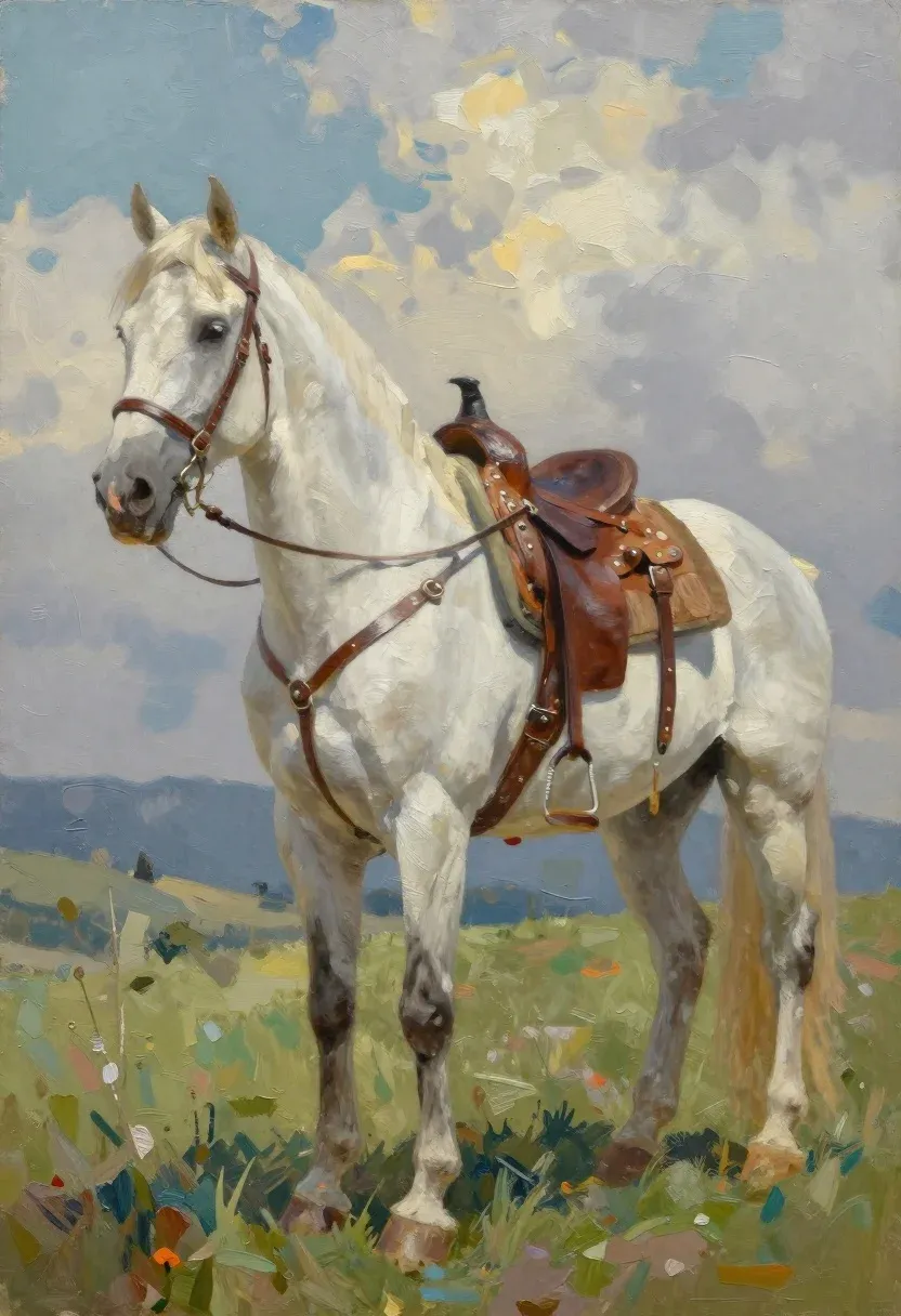 Oil Painting Majestic White Horse Standing Profile Grassy Hillside Under