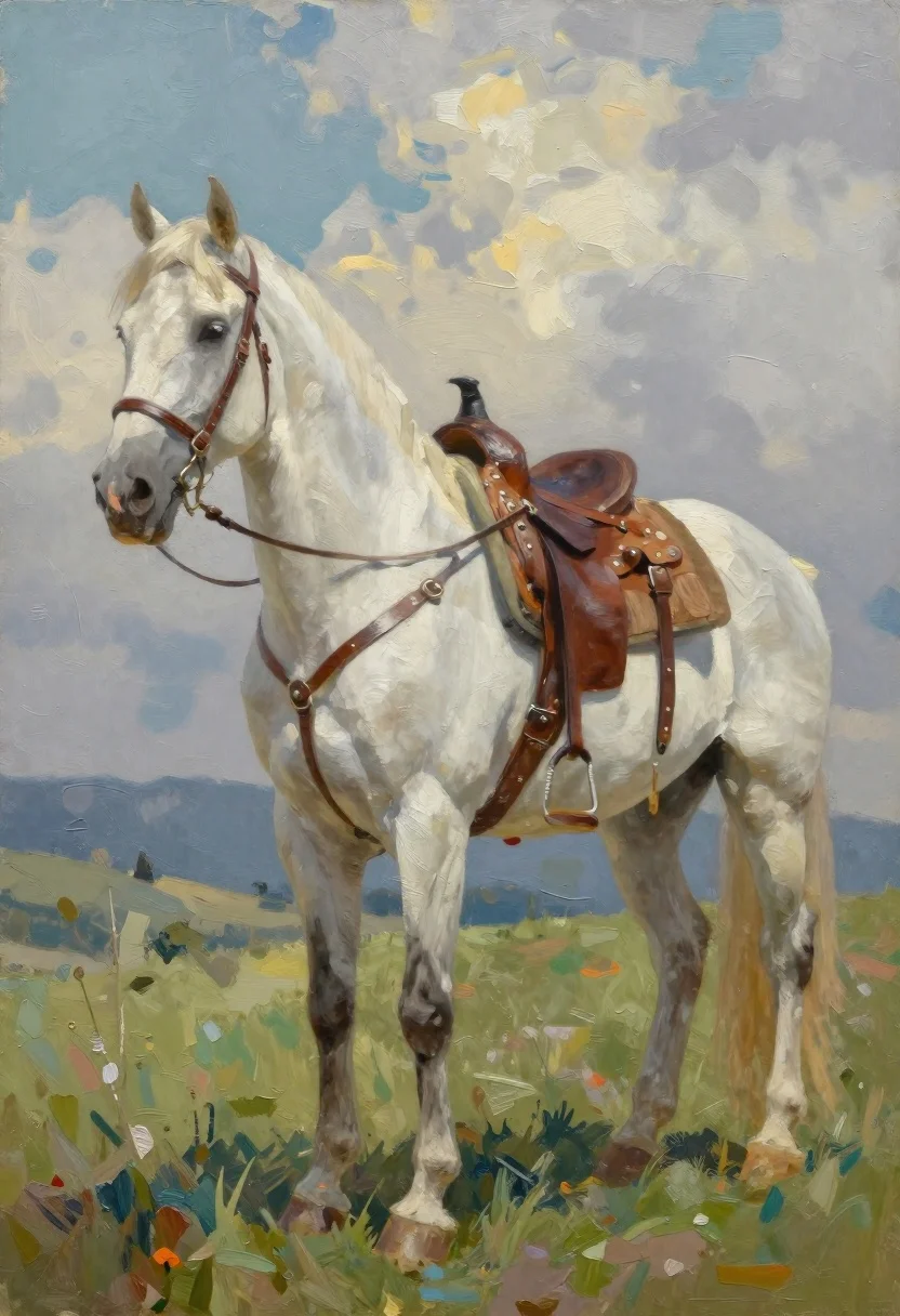 Oil Painting Majestic White Horse Standing Profile Grassy Hillside Under reference photo