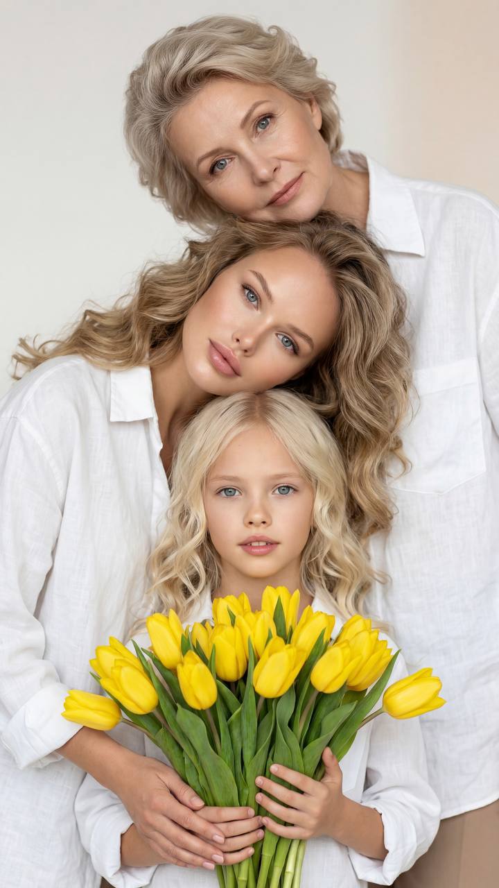 Ultra-realistic portrait of three models in white shirts with a girl holding a bouquet of yellow tulips.