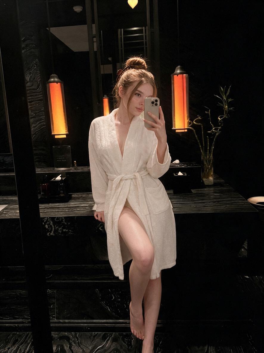 White Robe Spa Bathroom Mirror Selfie
