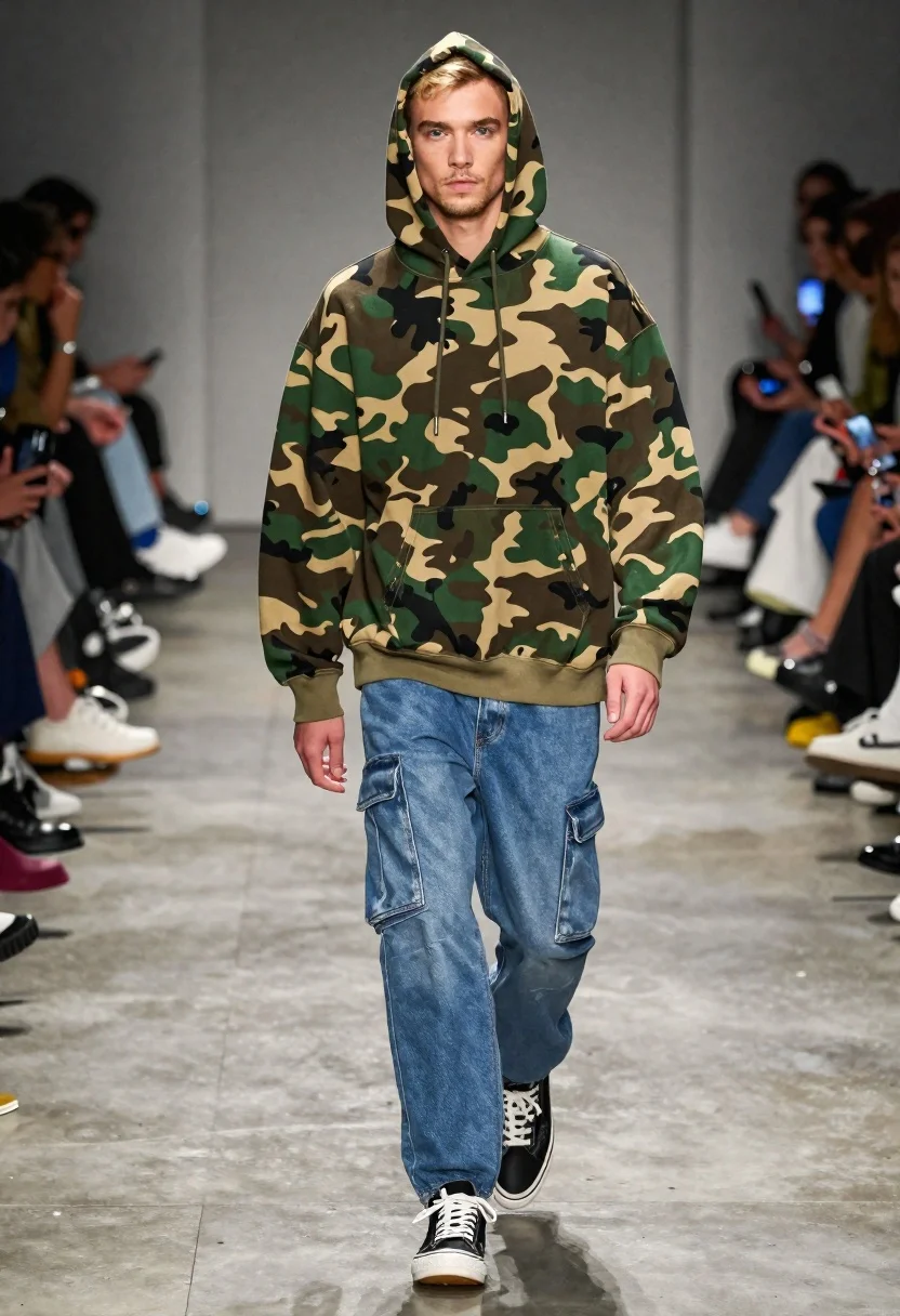 Full-body Runway Shot Handsome Blond Male Model Walking Camo Hoodie reference photo