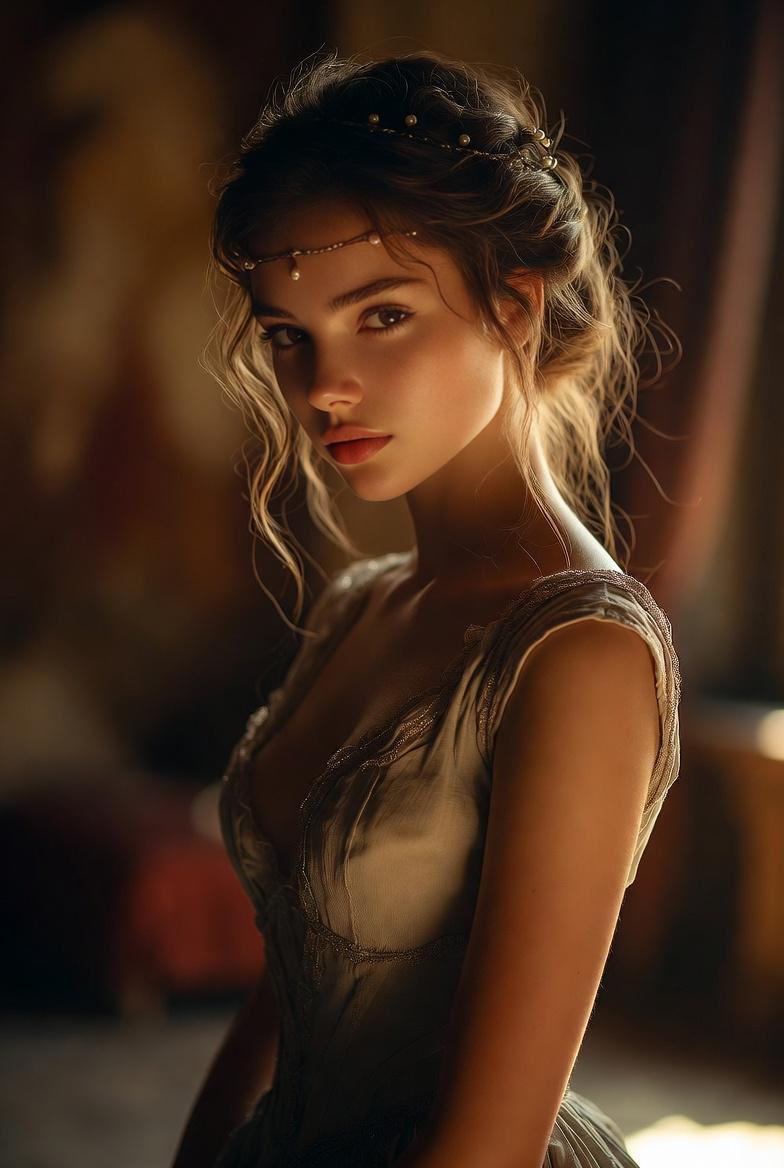 Close-up portrait of a person in a dimly lit opulent room, wearing an antique gown, exuding a soft, ethereal glow.