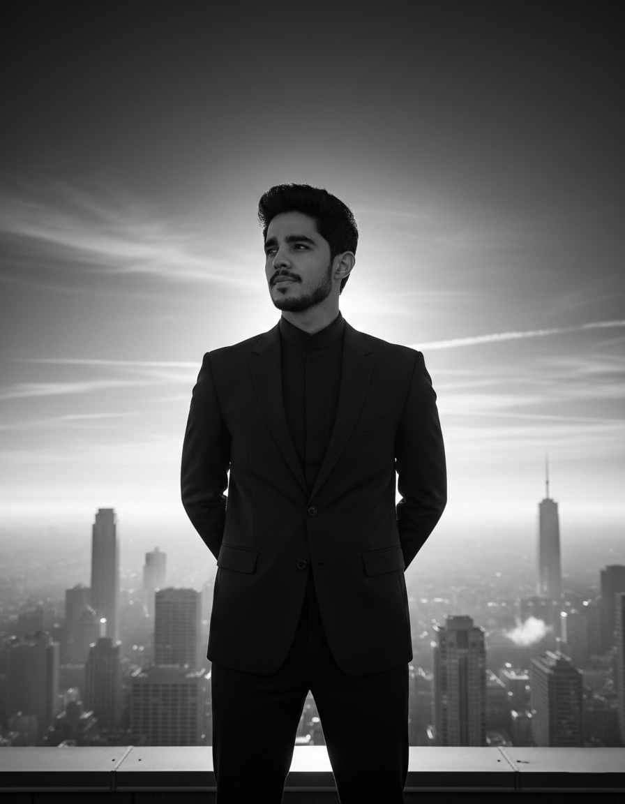 A resilient CEO stands confidently on a rooftop, overlooking a bustling city at dawn, with dramatic lighting and silhouette.