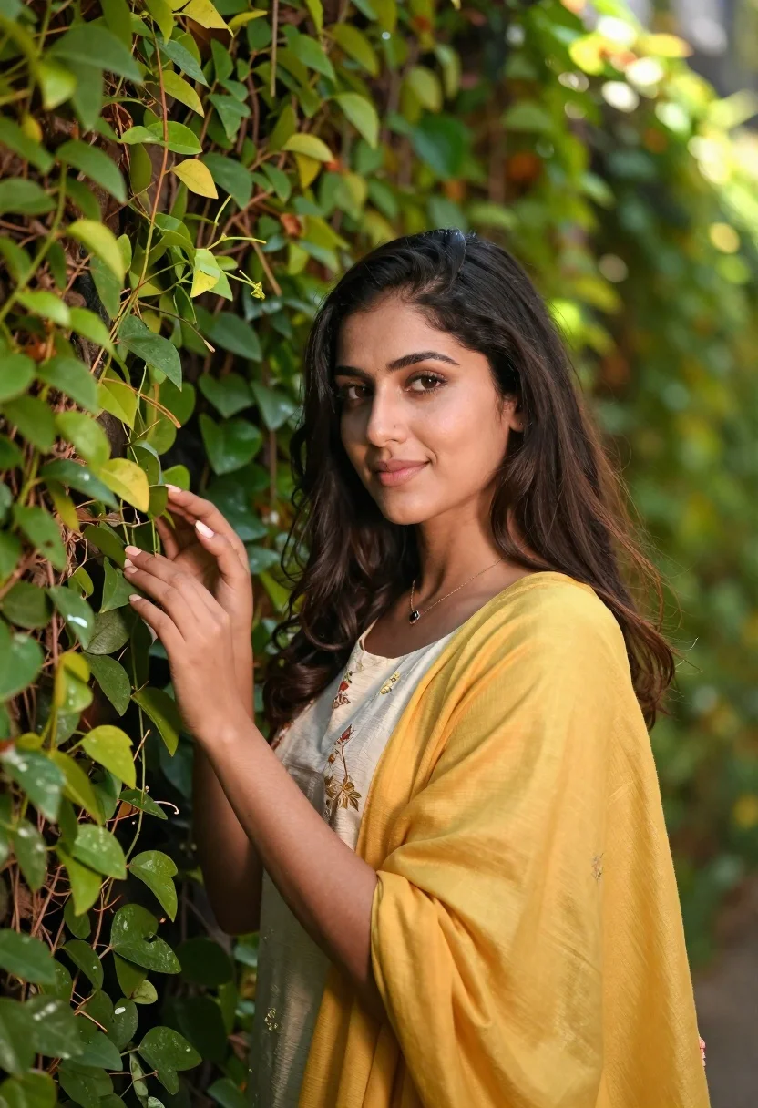 Young Woman With Long Dark Hair Stands Lush Garden Gently reference photo