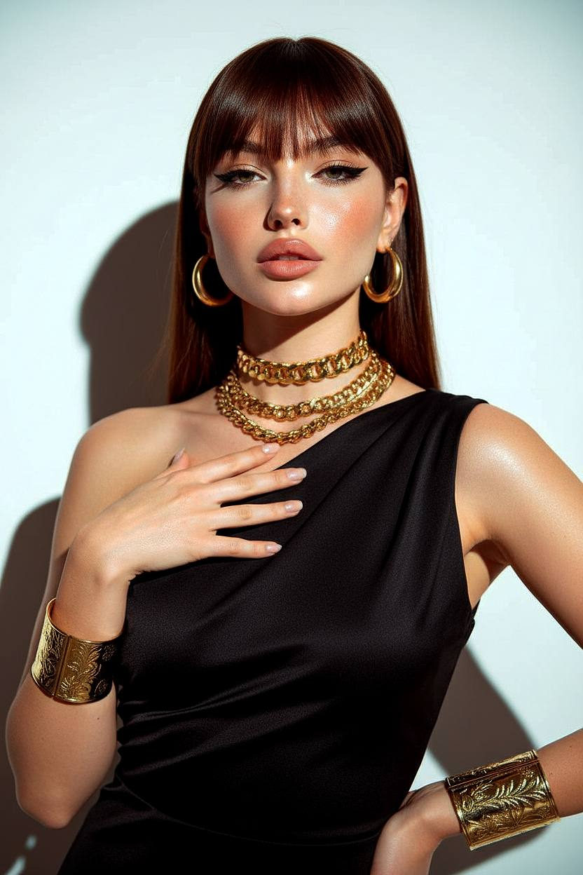 Elegant woman in a divine pose wearing an asymmetrical gold dress, bold eyeliner, and large gold hoops.