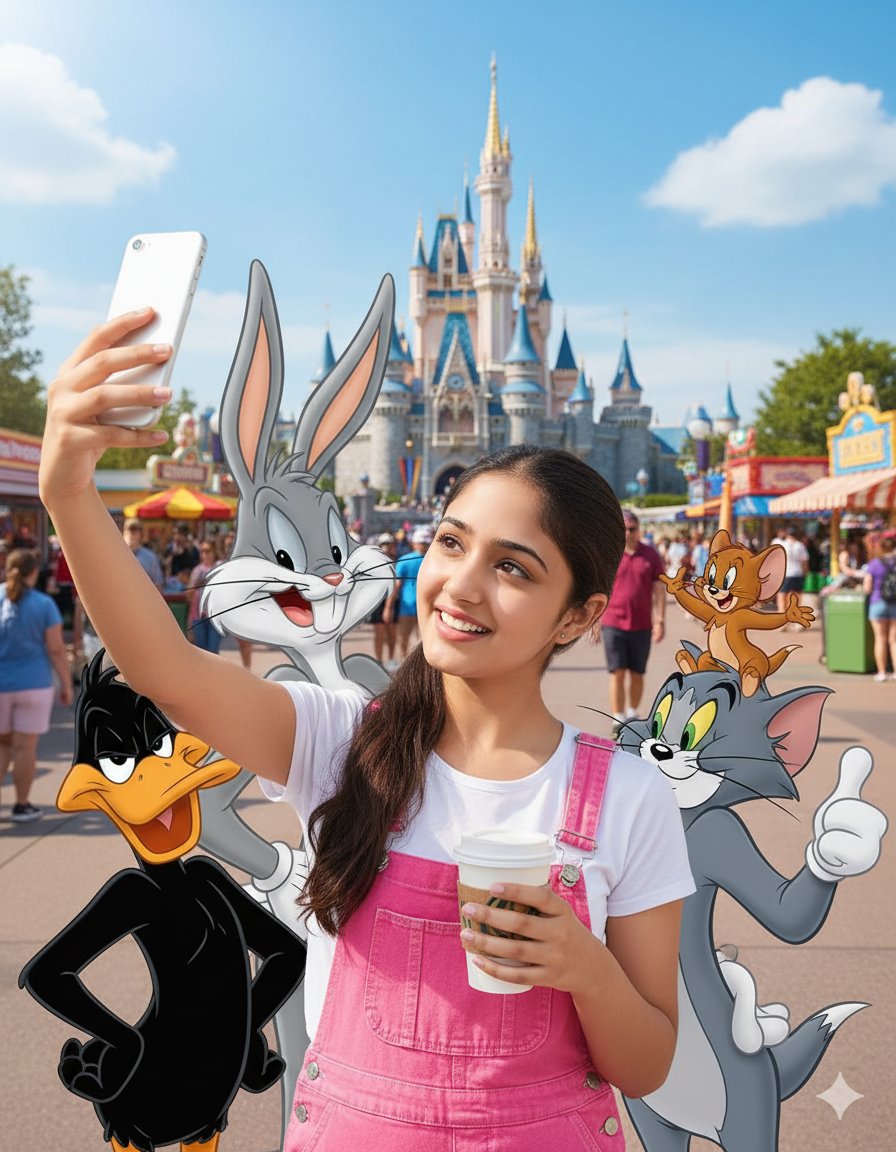 A girl with dark hair in pink overalls takes a selfie with cartoon characters at a theme park, fairytale castle in the background.