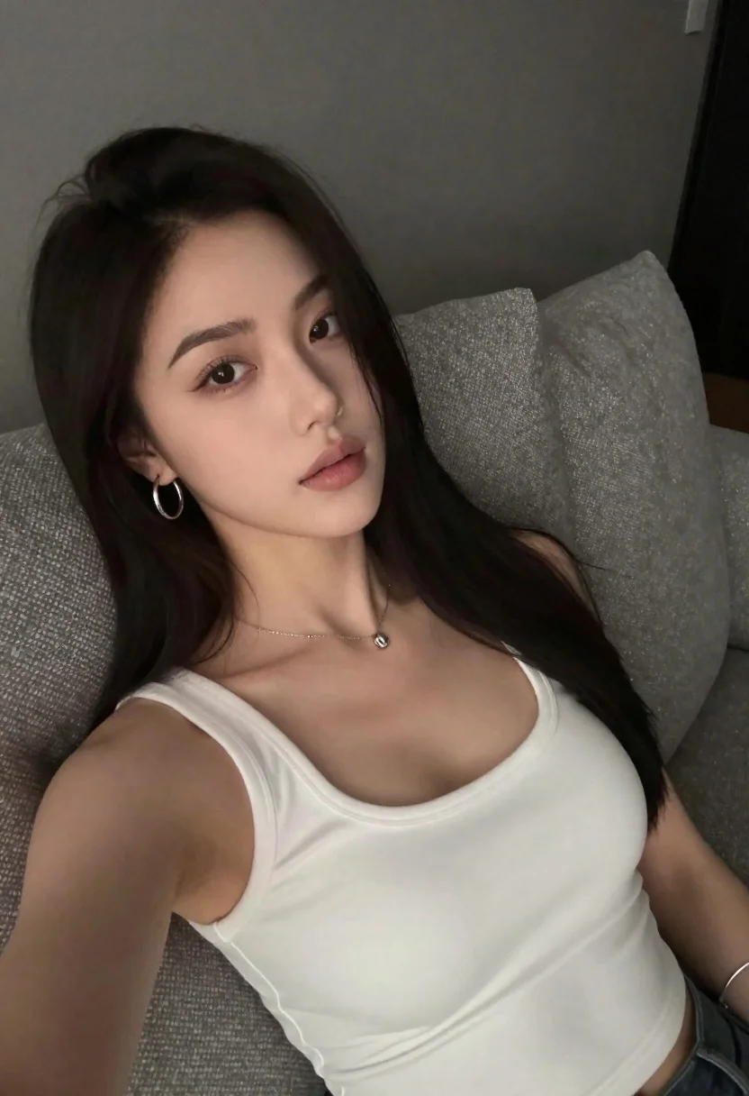 Close-up Selfie-style Portrait Young Woman With Long Dark Hair And reference photo