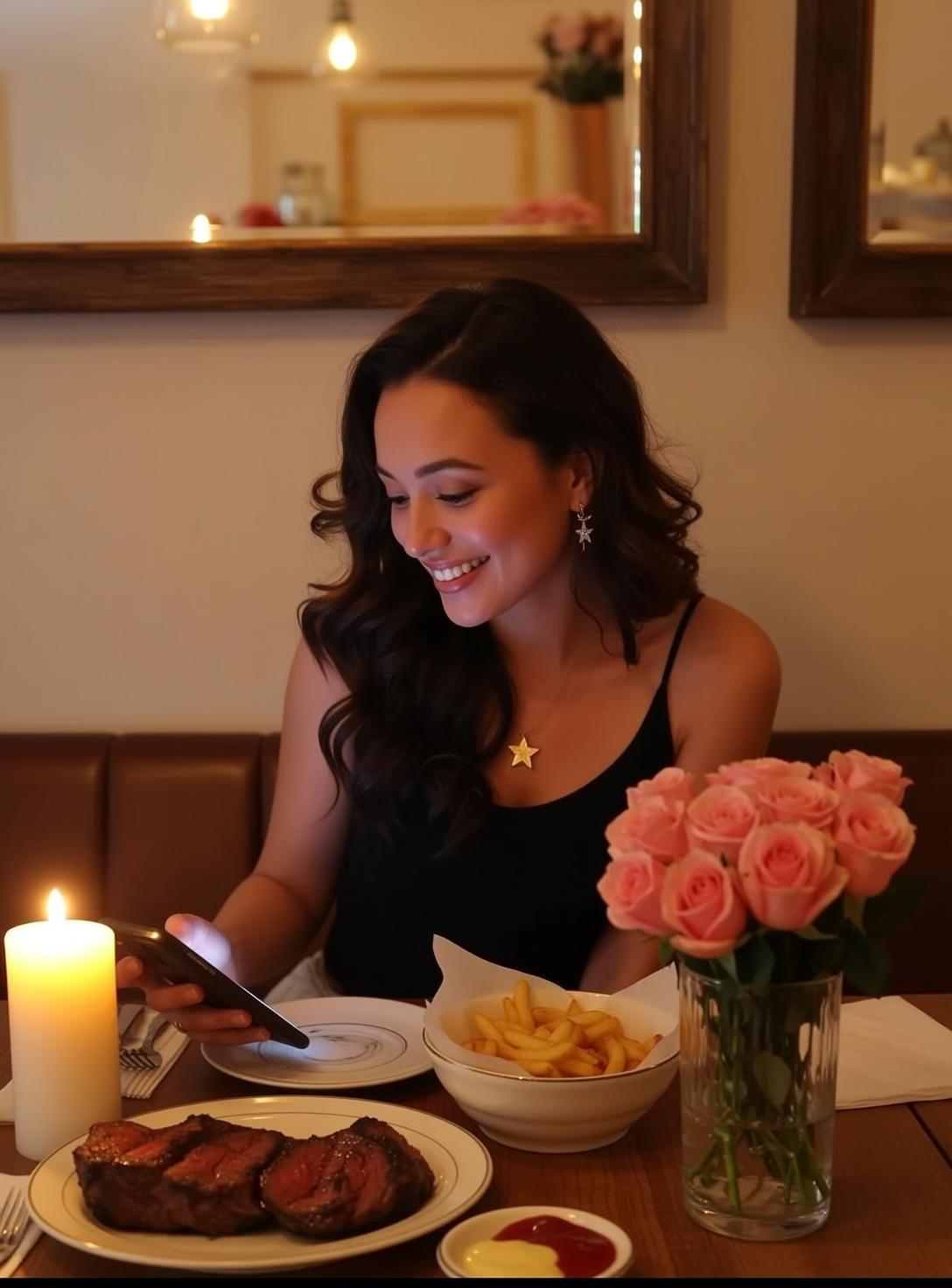 Explore Seated Table Holding Smartphone Her Right