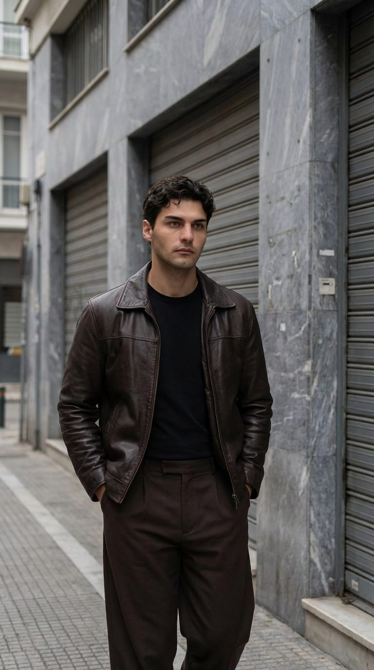 Stylish young man in a dark brown leather jacket walking confidently on a minimal European street