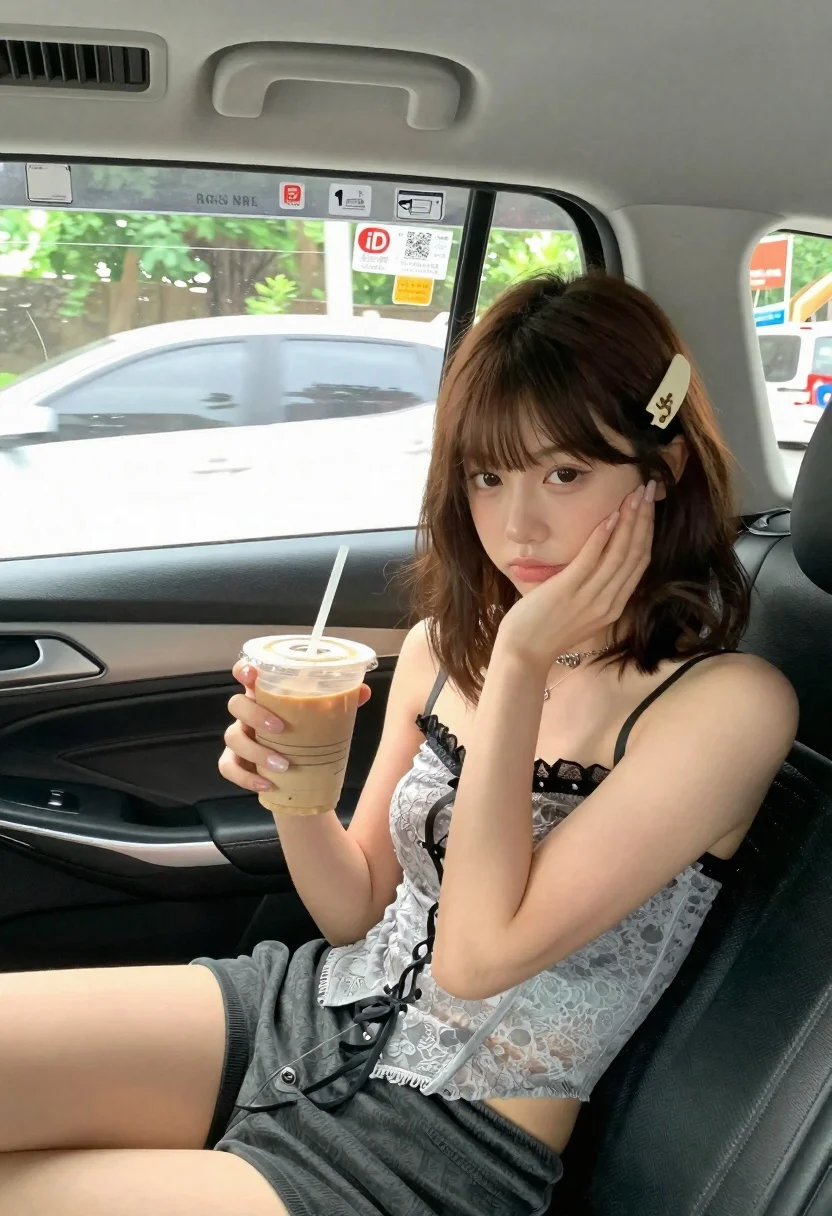 Young Woman With Shoulder-length Brown Hair And Bangs Sits The reference photo