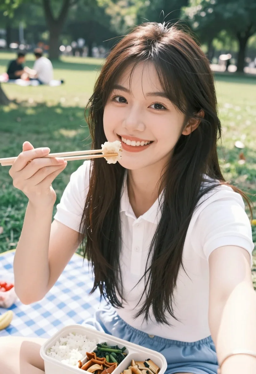 Young Woman With Long Dark Hair Smiles Brightly The Camera