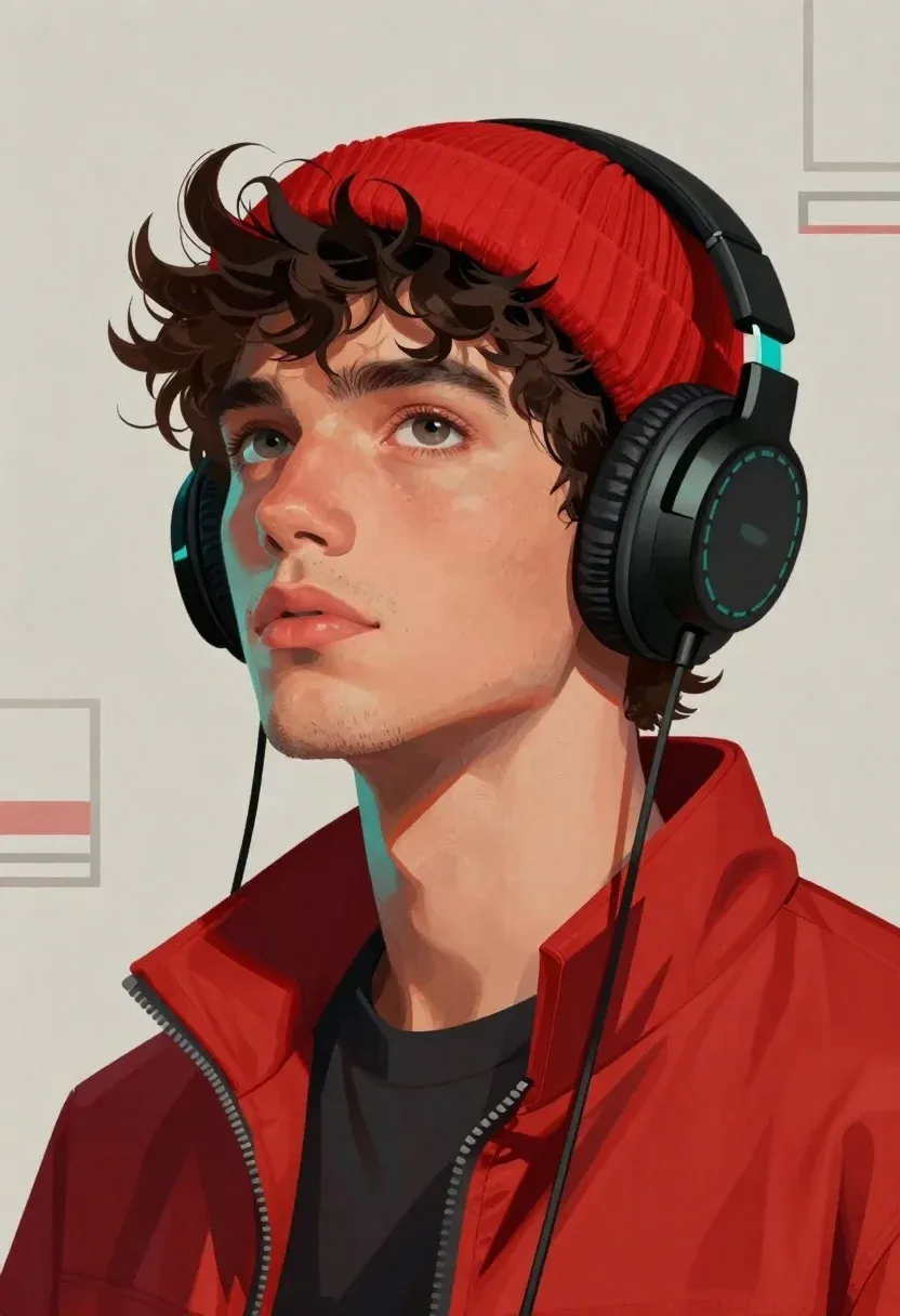 Close-up Portrait Young Man With Tousled Dark Hair And Light