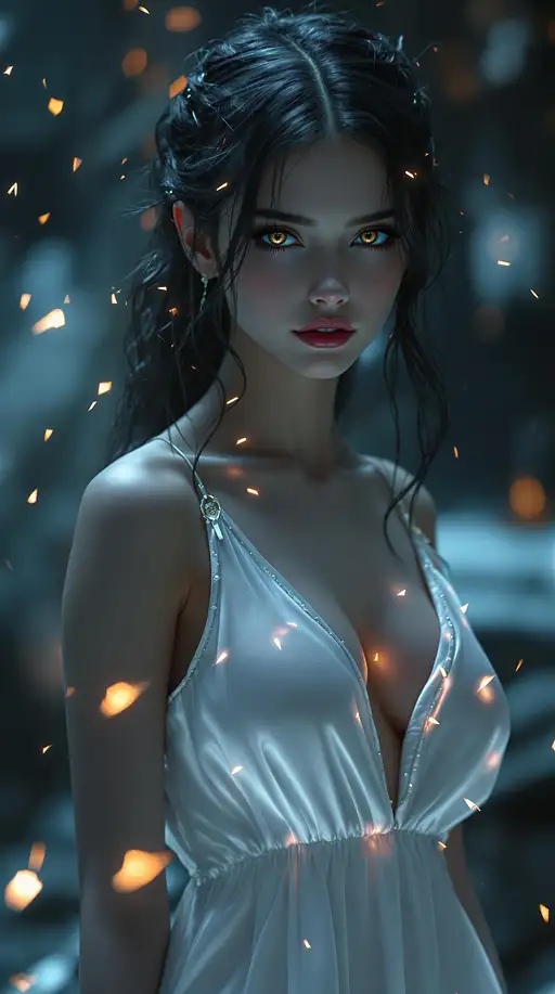 A beautiful vampire girl in a white low cut night gown with shimmering fire sparks and large golden eyes, standing in a masterful pose.