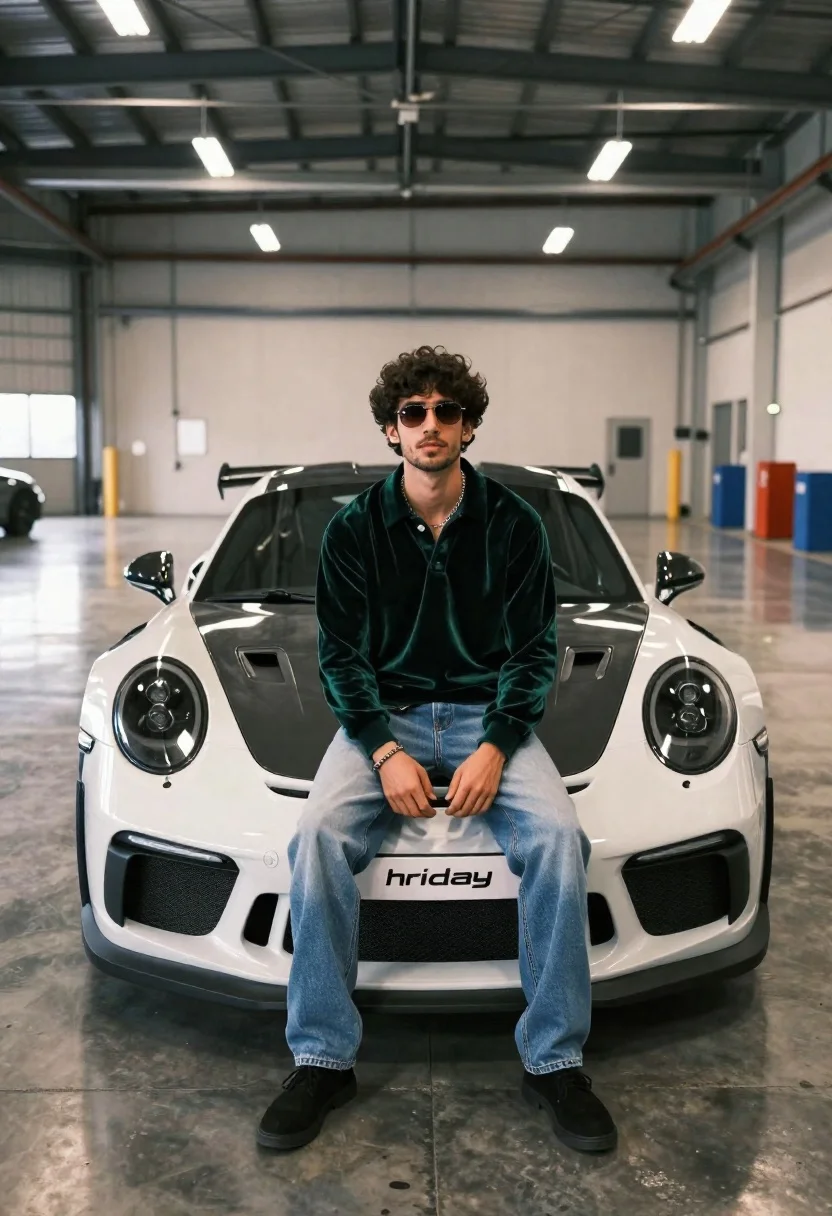 Young Man With Dark Curly Hair Sits Confidently The Front