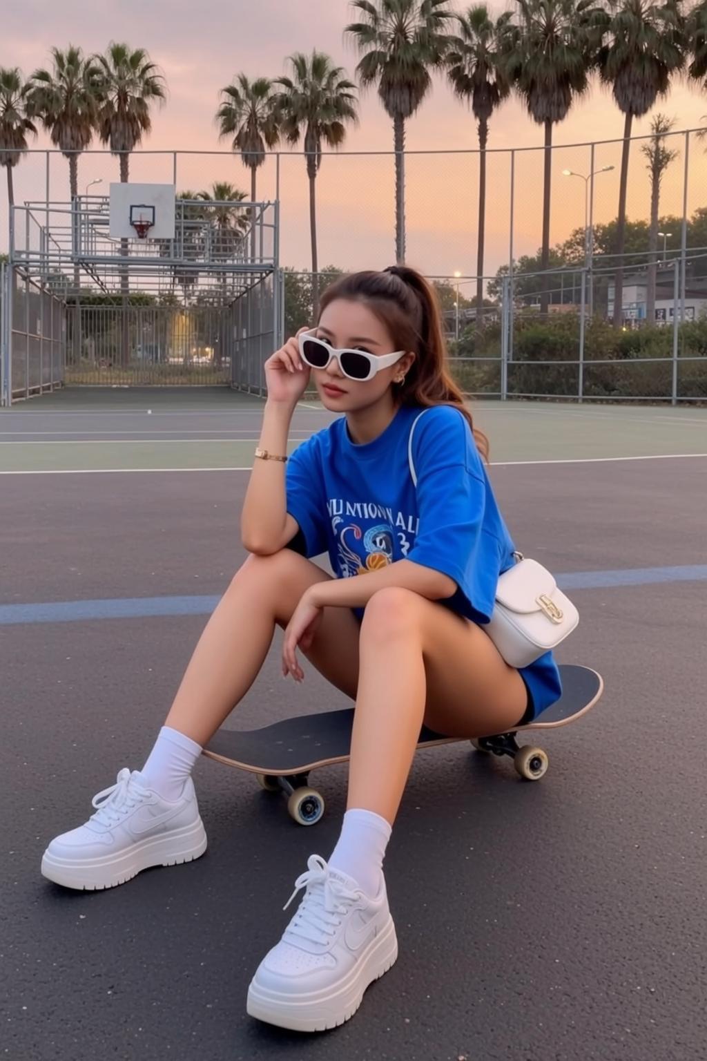 Girl On Skateboard Basketball Court White Sunglasses