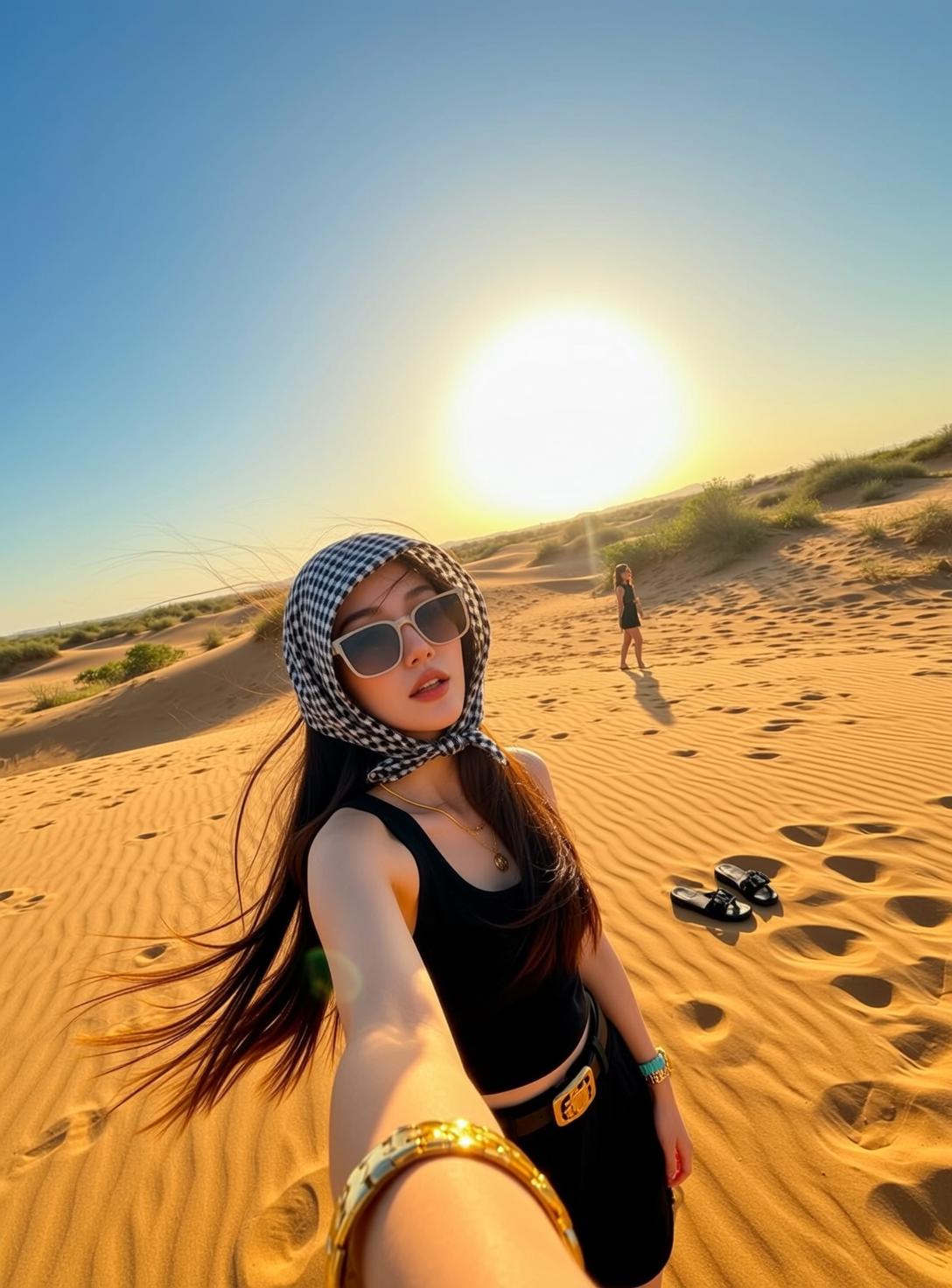 Explore Taking Selfie Desert Landscape Holding Her