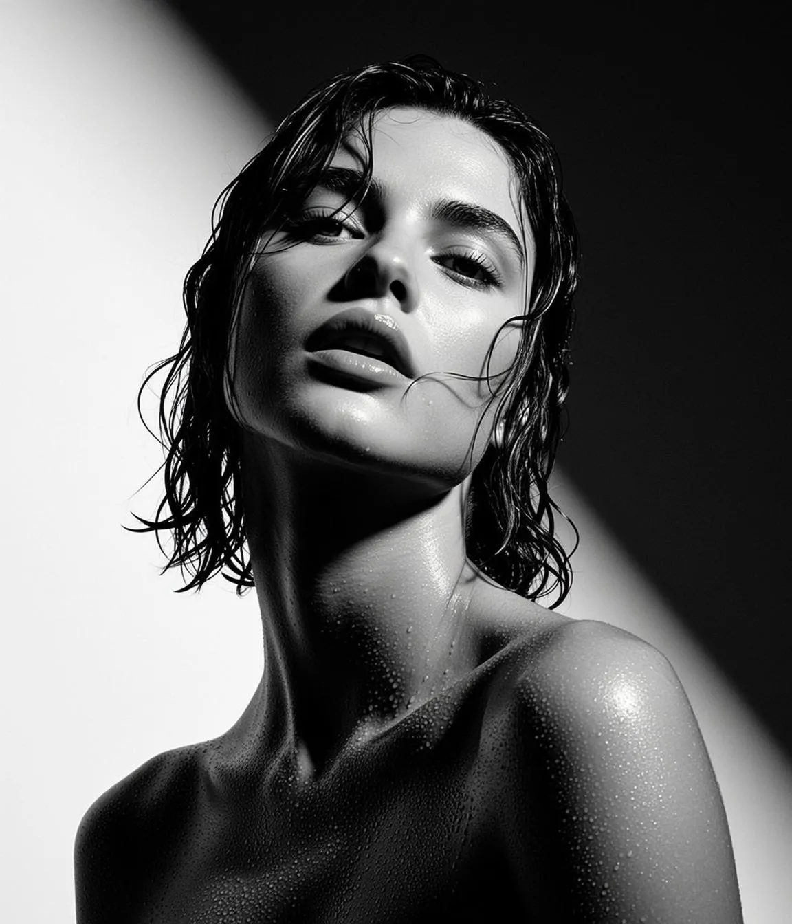 Dramatic High-contrast Black And White Studio Portrait Young Woman With