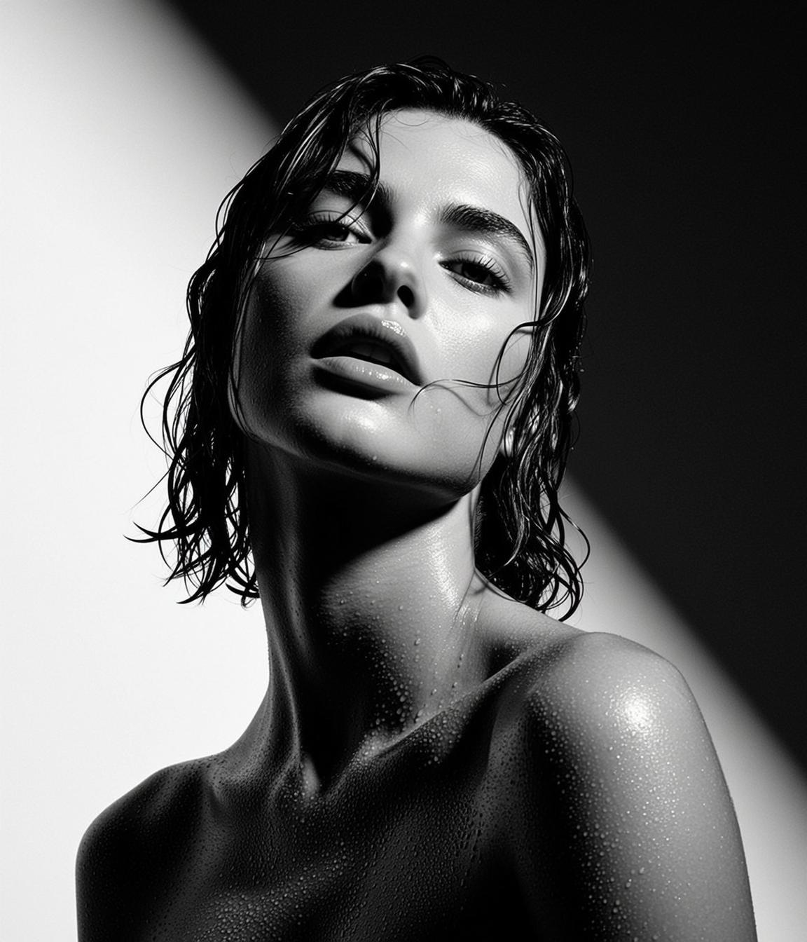 Dramatic High-contrast Black And White Studio Portrait Young Woman With