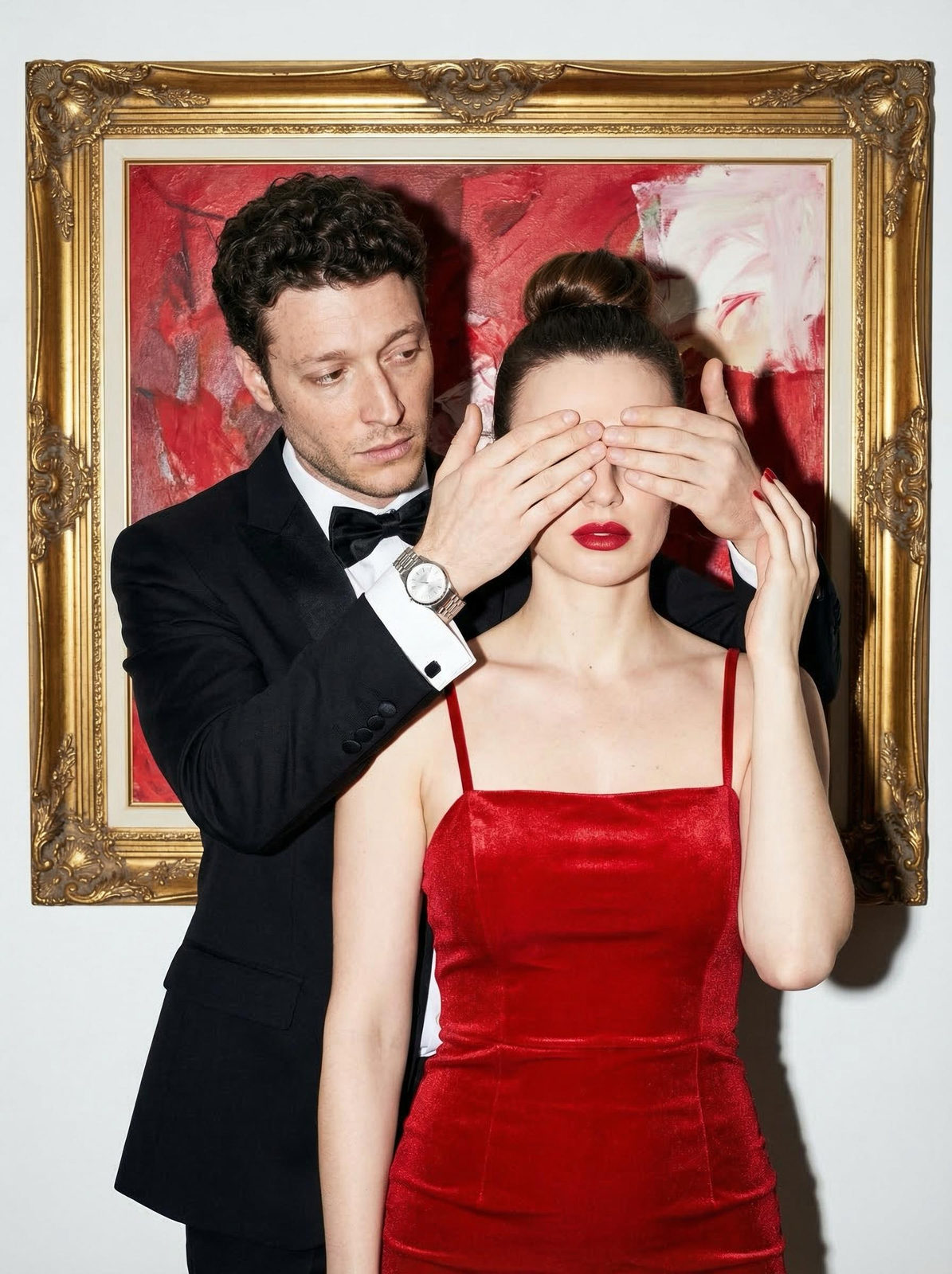 A glamorous portrait of a couple in a velvet red dress and black tuxedo, captured in a bright studio with high contrast lighting.