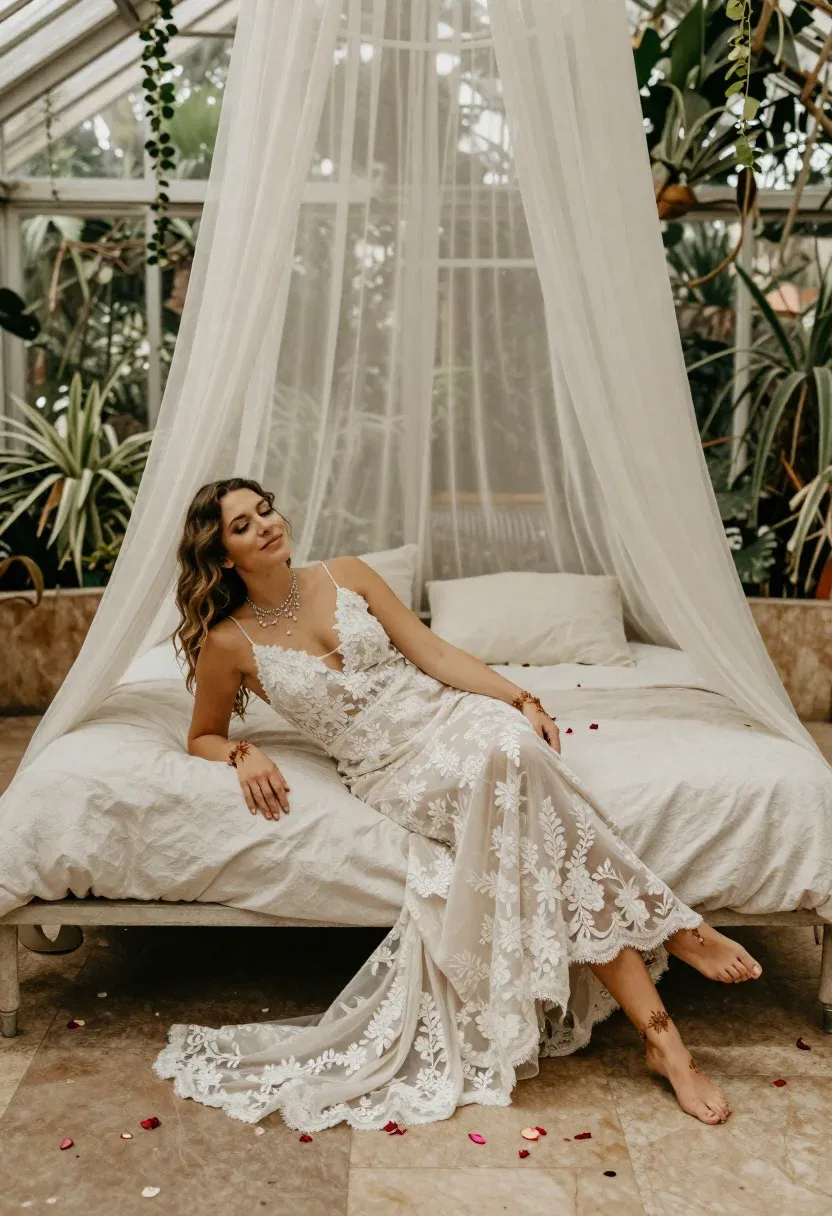 Intimate Wedding Photography Portrait Solo Bride Reclining Dreamily Canopy Bed