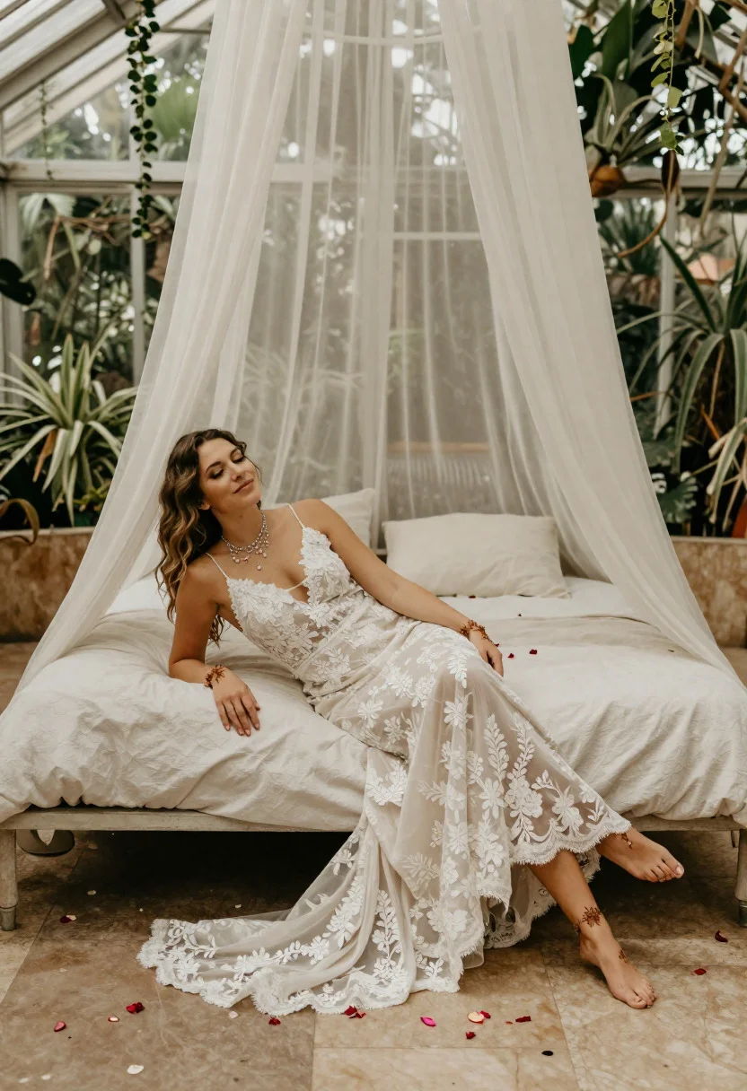 Intimate Wedding Photography Portrait Solo Bride Reclining Dreamily Canopy Bed reference photo