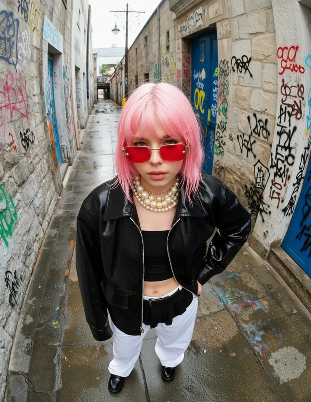 Sunglasses And Necklace With Black Shiny Leather Jacket