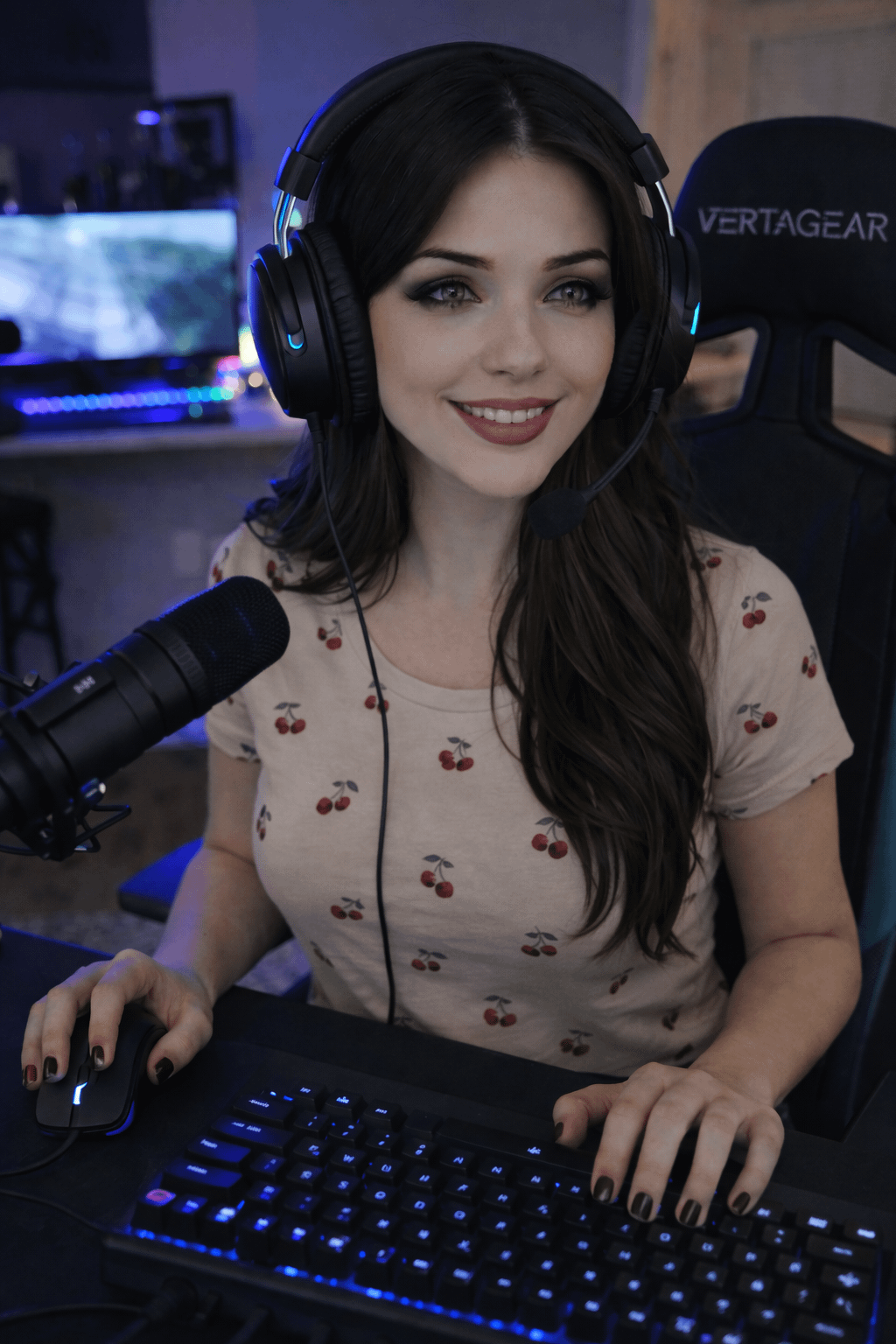 Gaming Streamer In Blue Lit Room With Cherry Shirt