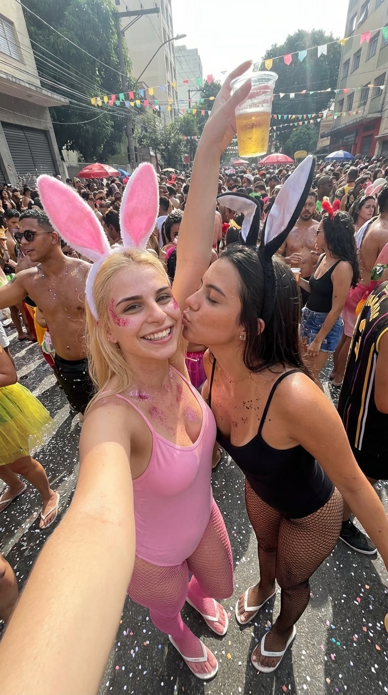 A vibrant crowd at a daytime festival featuring two individuals with bunny ears, one wearing a pink leotard and the other in black, surrounded by confetti.