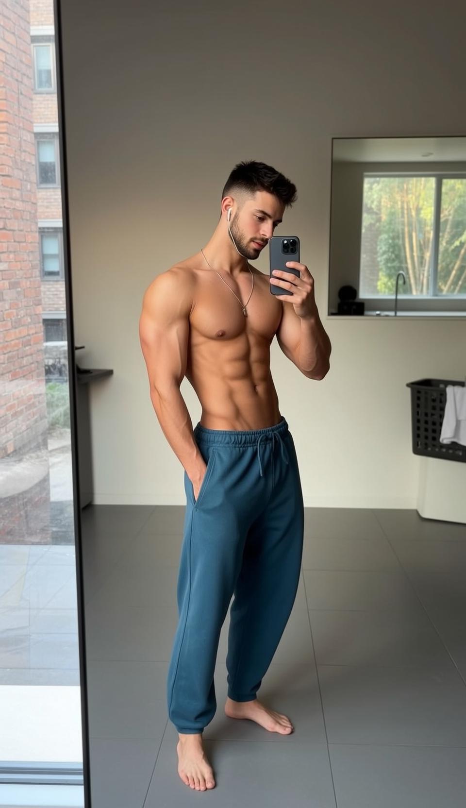 Muscular Short Dark Styled Tanned Defined Abs