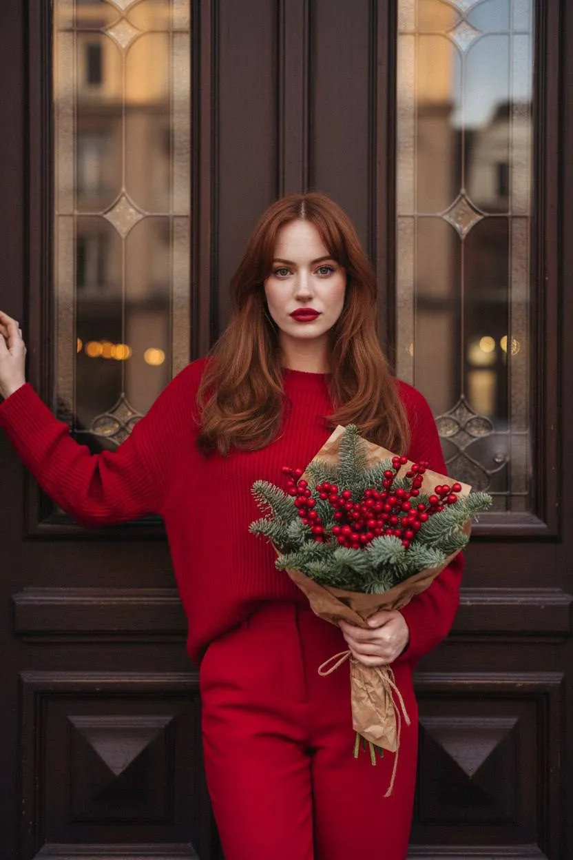 Makeup Red Sweater Festive Bouquet Doorway
