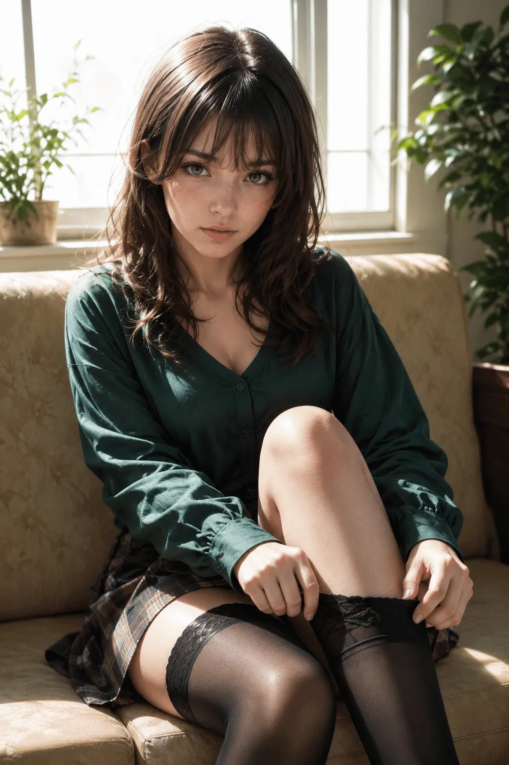 Plaid Skirt And Thigh High Stockings On Couch