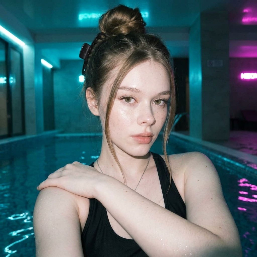 woman in a tight close-up selfie portrait in cyan and magenta poolside lighting.