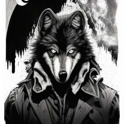 Wolf In Trench Coat Black And White Illustration