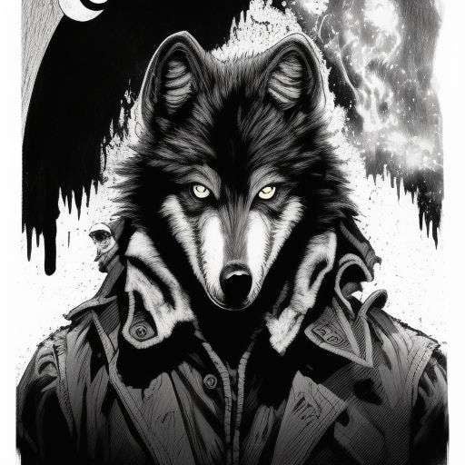 Wolf In Trench Coat Black And White Illustration