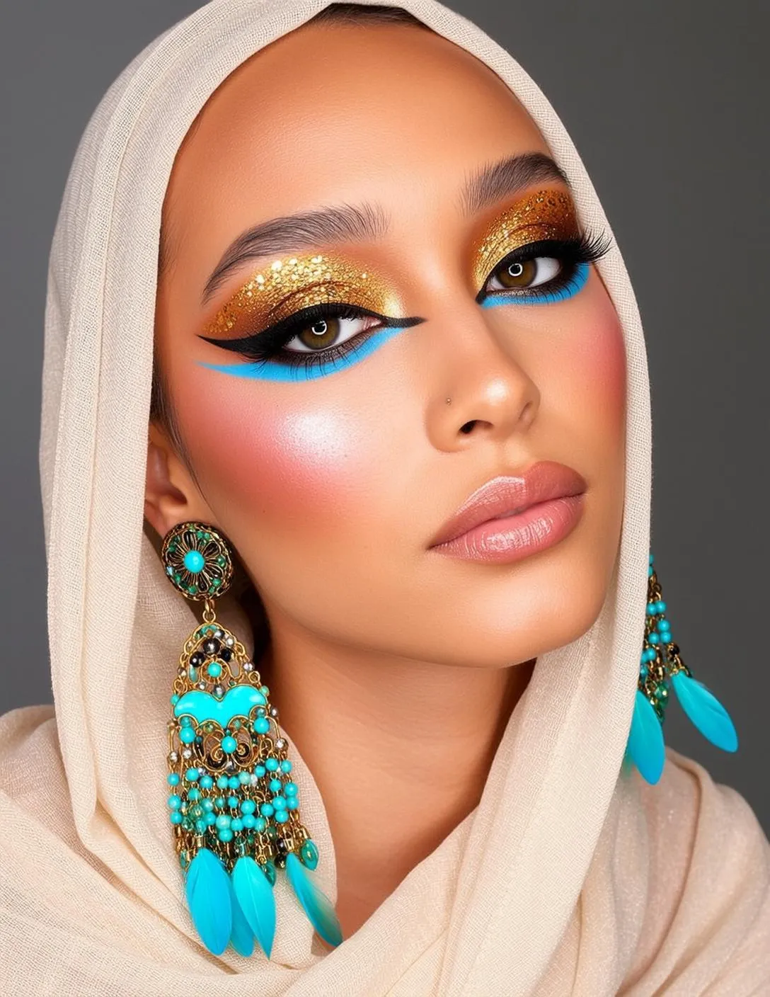 Makeup Close-up Shows Cream-colored Hijab That Drapes